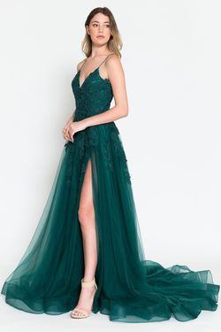 Style BZ014 Amelia Couture Green Size 4 Floor Length Side slit Dress on Queenly