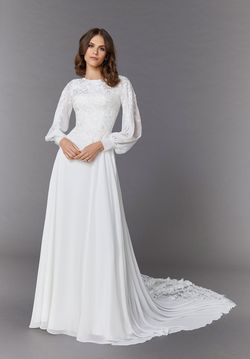 Style 30110 Morilee White Size 4 Train Sleeves Floor Length Tulle A-line Dress on Queenly