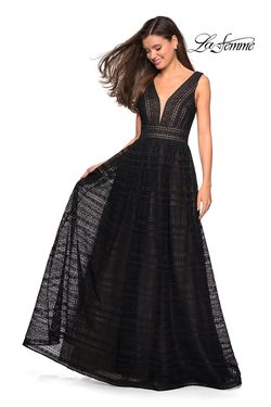 Style 27074 La Femme Black Tie Size 8 Sheer A-line Dress on Queenly