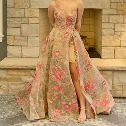 Sherri Hill Pink Size 0 Floral One Shoulder Quinceanera Floor Length Side slit Dress on Queenly