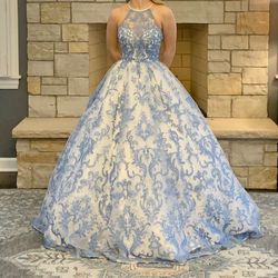 Sherri Hill Blue Size 00 Print Floor Length Floral Halter Ball gown on Queenly