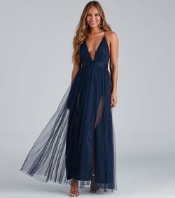 Style 05002-5195 Windsor Blue Size 4 Spaghetti Strap Tall Height Jersey Side slit Dress on Queenly
