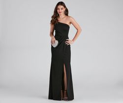 Style 05002-0889 Windsor Black Size 4 One Shoulder Floor Length Side slit Dress on Queenly