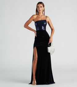 Style 05002-2581 Windsor Blue Size 4 Mermaid Floor Length Jewelled Side slit Dress on Queenly
