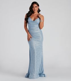 Style 05002-2346 Windsor Blue Size 12 Padded Prom Bridesmaid V Neck Mermaid Dress on Queenly
