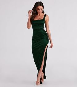 Style 05002-6922 Windsor Green Size 4 Square Neck Tall Height Prom Silk Side slit Dress on Queenly