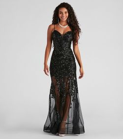 Style 05002-2389 Windsor Black Size 4 Mini Sheer Sweetheart Embroidery Mermaid Dress on Queenly