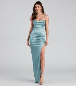 Style 05002-1450 Windsor Green Size 16 Jersey Bridesmaid Party Silk Side slit Dress on Queenly