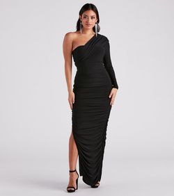 Style 05002-7058 Windsor Black Size 4 Long Sleeve Tall Height Side slit Dress on Queenly