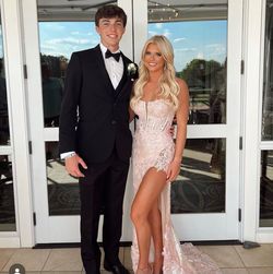 Style 54838 Sherri Hill Pink Size 0 Black Tie Strapless Jewelled Side slit Dress on Queenly