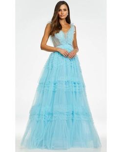 Style 11142 Ashley Lauren Blue Size 0 Floor Length Ruffles Plunge 11142 Ball gown on Queenly