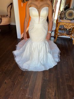 Casablanca White Size 14 Strapless Wedding Gown Plunge Shiny Wedding A-line Dress on Queenly