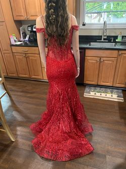 Jovani Bright Red Size 6 Mermaid Fully Beaded Train Dress on Queenly
