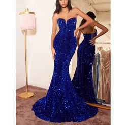 Style Royal Blue Sequined Strapless Sweetheart Neckline Ball Gown Cinderella Divine Blue Size 0 Corset Floor Length Jewelled Military Mermaid Dress on Queenly