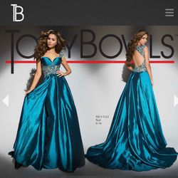 Tony Bowls Blue Size 8 Teal Black Tie Prom A-line Dress on Queenly