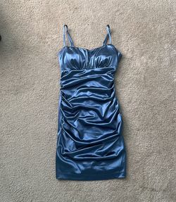 Honey and Rosie Blue Size 4 Midi Shiny Homecoming Satin Cocktail Dress on Queenly