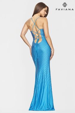 Style S10802 Faviana Blue Size 8 Pattern V Neck Side Slit Jersey Mermaid Dress on Queenly