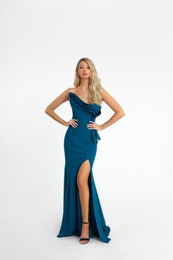 Style 685 Nicole Bakti Royal Blue Size 10 Black Tie Tall Height Side slit Dress on Queenly