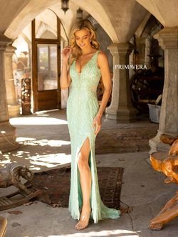 Style 3927 Primavera Green Size 6 Floor Length Black Tie Side slit Dress on Queenly