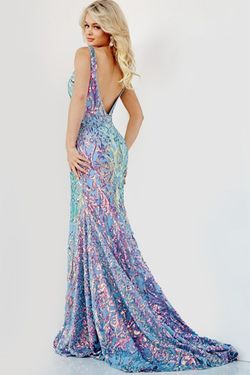 Style 08099 Jovani Blue Size 4 Pattern Train Mermaid Dress on Queenly