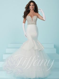 Style 16217 Tiffany Designs White Size 8 Sequined Train Tall Height Mermaid Dress on Queenly