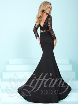 Style 16247 Tiffany Designs Black Size 10 V Neck Sleeves Lace Mermaid Dress on Queenly