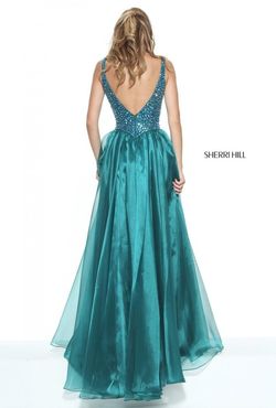Style 50935 Sherri Hill Blue Size 10 Floor Length Teal Tall Height Side slit Dress on Queenly