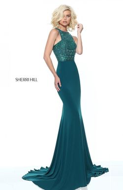Style 50806 Sherri Hill Green Size 10 Emerald Tall Height Floor Length Mermaid Dress on Queenly