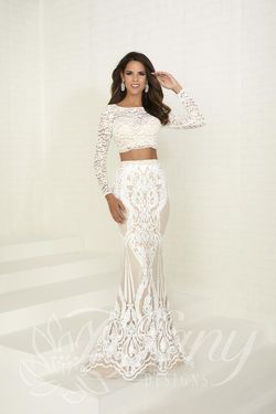 Style 16270 Tiffany Designs White Size 6 Sequined Military Embroidery Two Piece Mermaid Dress on Queenly