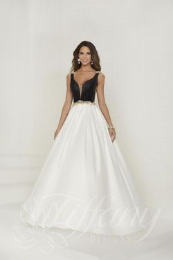 Style 16297 Tiffany Designs White Size 4 Studded Beaded Top Pockets Pageant Sheer Ball gown on Queenly