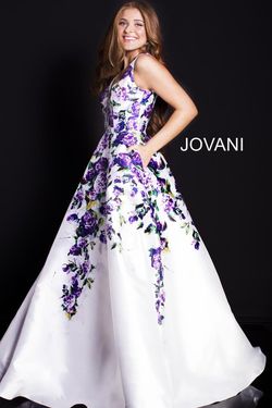 Style 60897 Jovani Purple Size 6 Pageant Print Black Tie Ball gown on Queenly