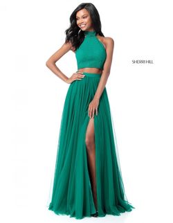 Style 51721 Sherri Hill Green Size 4 Floor Length Emerald Tall Height Side slit Dress on Queenly