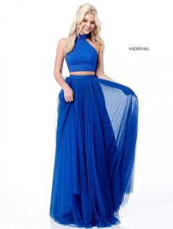 Style 51721 Sherri Hill Blue Size 4 Floor Length Side slit Dress on Queenly