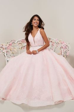 Style 16325 Tiffany Designs Pink Size 0 Lace 16325 V Neck Tall Height Shiny Ball gown on Queenly