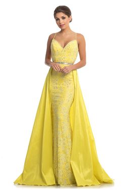 Style 7242 Johnathan Kayne Yellow Size 4 Lace Tall Height Floor Length Jersey Mermaid Dress on Queenly