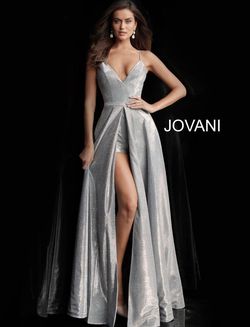 Style 66284 Jovani Silver Size 8 Pageant Tall Height Side slit Dress on Queenly