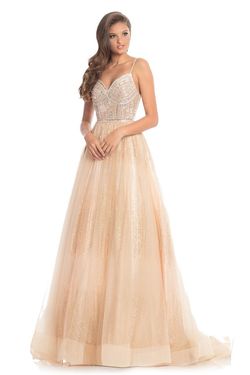 Style 9067 Johnathan Kayne Gold Size 4 Satin Print Sheer Pageant Floor Length Ball gown on Queenly