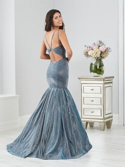 Style 46229 Tiffany Designs Blue Size 12 Silk V Neck Train Backless Mermaid Dress on Queenly