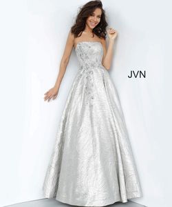 Style JVN02323 Jovani Silver Size 14 Strapless Black Tie Floor Length Tall Height Ball gown on Queenly