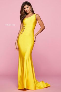 Style 53432 Sherri Hill Yellow Size 4 Black Tie Floor Length Straight Dress on Queenly