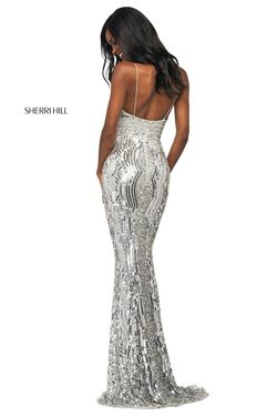 Style 53795 Sherri Hill Silver Size 4 Floor Length Straight Dress on Queenly