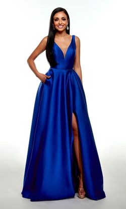 Style 1704 Alyce Paris Blue Size 16 Silk Pockets Plunge Side slit Dress on Queenly
