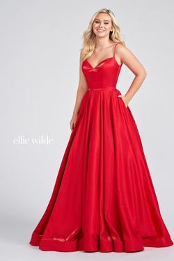 Style EW122046 Ellie Wilde Red Size 00 Tall Height Satin Floor Length Shiny Ball gown on Queenly