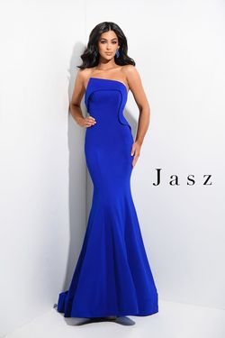 Style 7300 Jasz Couture Blue Size 8 Military Floor Length Tall Height Mermaid Dress on Queenly
