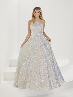 Style 16920 Tiffany Designs Silver Size 10 Sequined Train Spaghetti Strap Tall Height Ball gown on Queenly