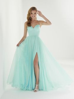 Style 46255 Tiffany Designs Blue Size 16 Black Tie Wedding Guest Prom Turquoise Lace Side slit Dress on Queenly