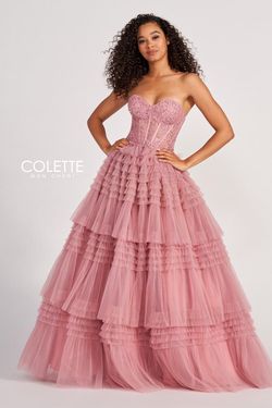 Style CL2017 Colette Pink Size 4 Coral Tulle Lace Strapless Pageant Ball gown on Queenly