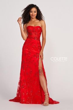 Style CL2068 Colette Red Size 0 Strapless Corset Black Tie Side slit Dress on Queenly