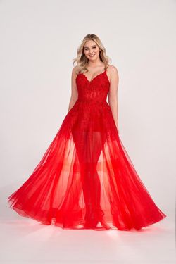 Style EW34032 Ellie Wilde Red Size 0 Tulle Tall Height Lace Floor Length Ball gown on Queenly