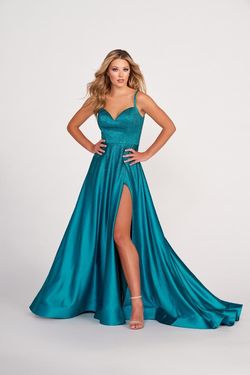 Style EW34044 Ellie Wilde Green Size 14 Silk Teal Side slit Dress on Queenly